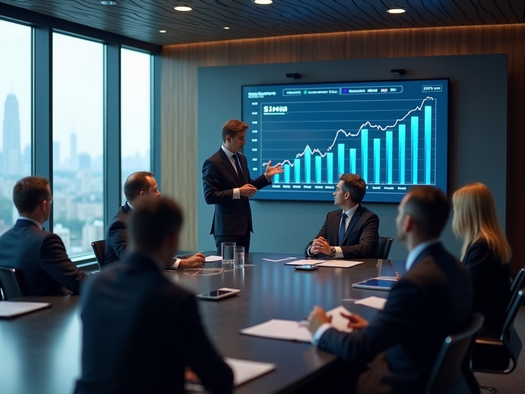 Business meeting in progress with a presenter discussing a growth chart to colleagues in a high-rise office.