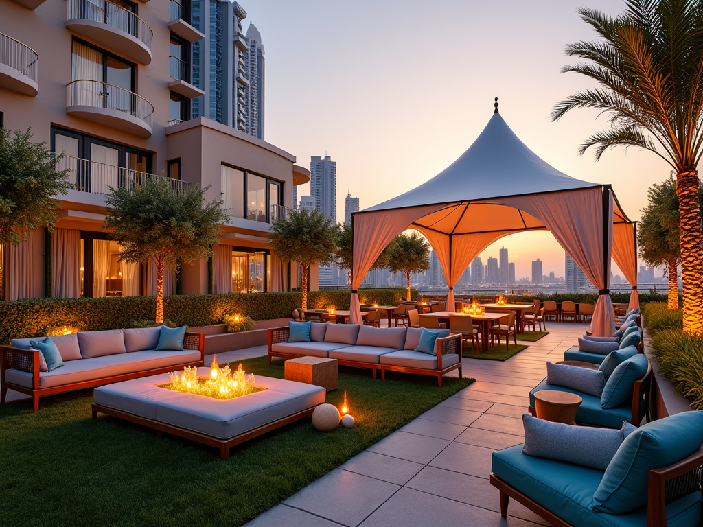 A stylish outdoor lounge area with seating, fire pit, and a large tent, set against a sunset city skyline.