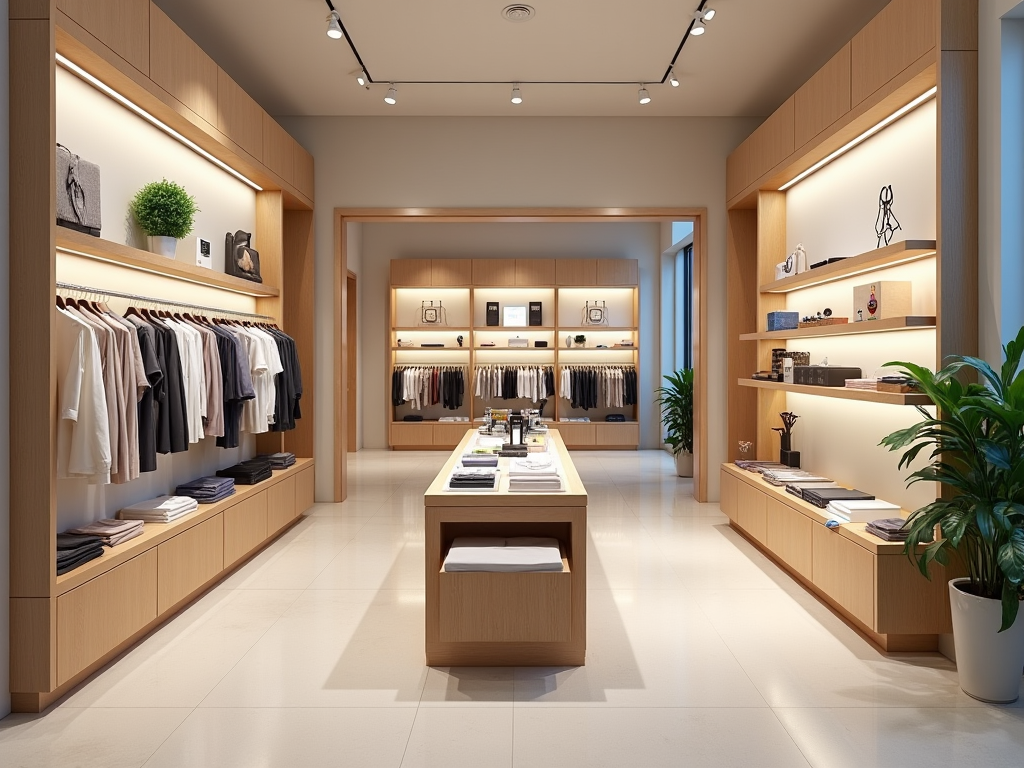 Modern clothing store interior with well-organized shelves, racks of clothes, and soft lighting.