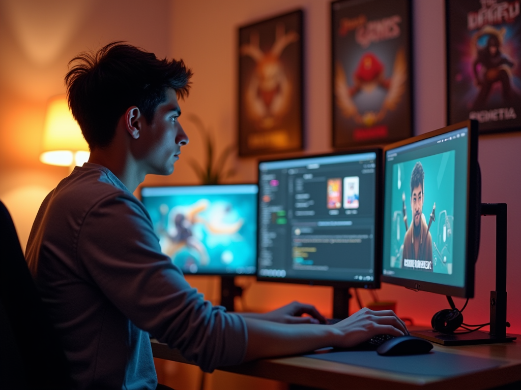 Man working on graphic design at a multi-monitor computer setup in a room with ambient lighting.