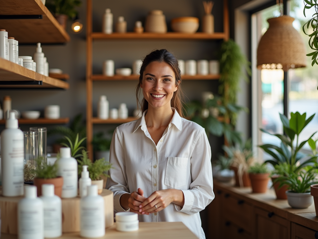 A smiling woman in a white shirt stands in a bright store filled with plants and skincare products on wooden shelves.