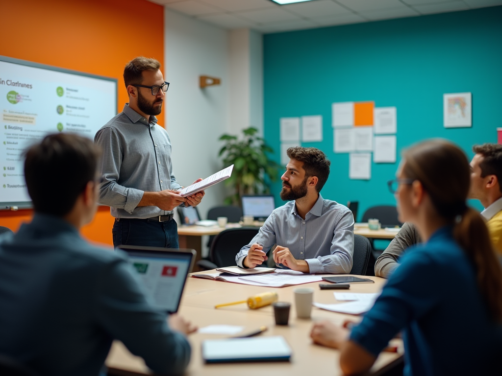 A man leading a discussion in a colorful office space with colleagues attentively listening.