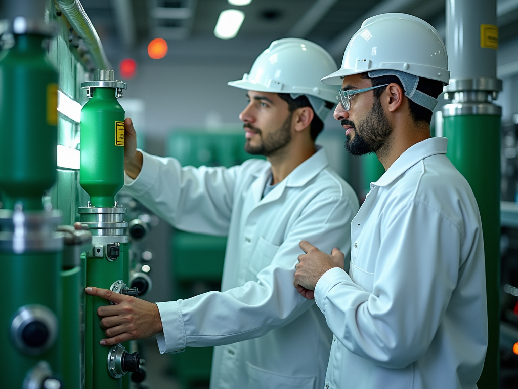 Two workers in white lab coats and helmets inspect machinery and discuss a green valve in an industrial setting.