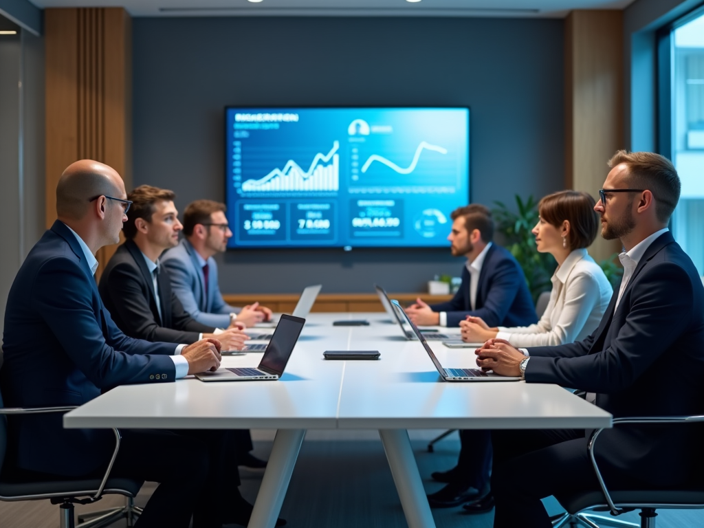 Business professionals in a meeting room with laptops, focusing on data charts displayed on a screen.