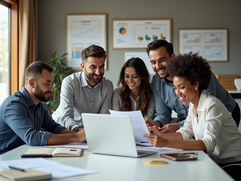 Five coworkers smiling and collaborating on a laptop in an office meeting.