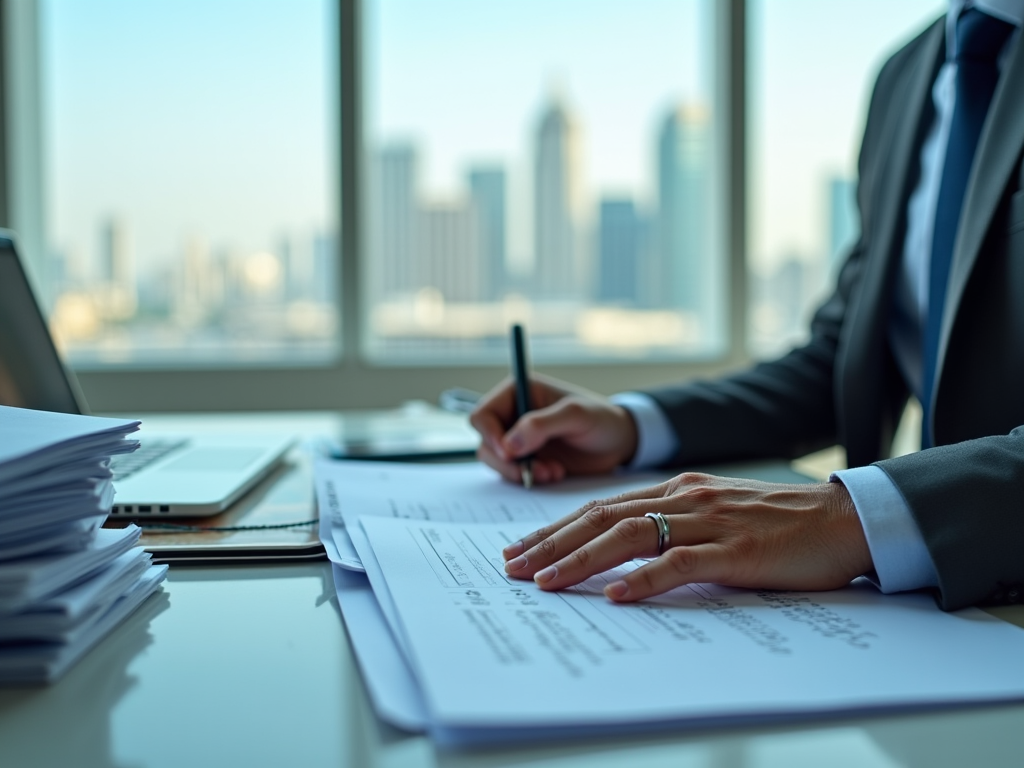 Businessperson reviewing documents at desk with cityscape in background.