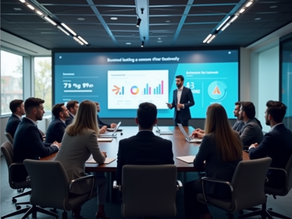 A professional meeting in progress with a man presenting statistical data to colleagues in a modern office.