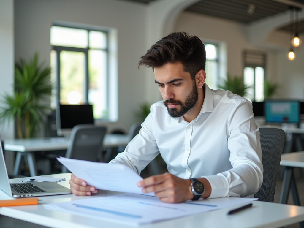 Concentrated bearded man reviewing documents at a modern office desk with laptop.