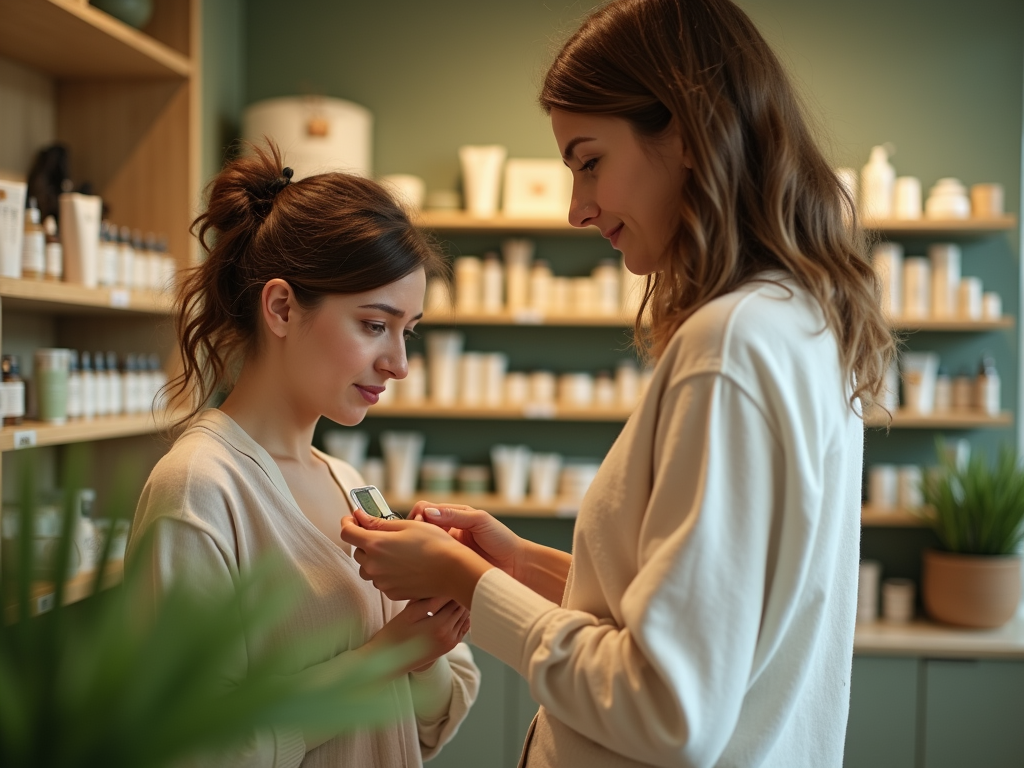 Two women in a skincare shop, one holding a product while the other looks on attentively, surrounded by shelves of products.