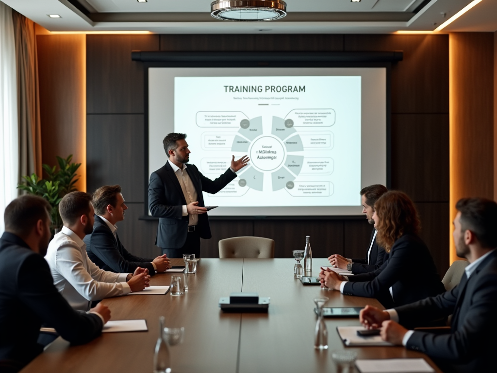 Man presenting a "Training Program" slide to business professionals in a modern conference room.