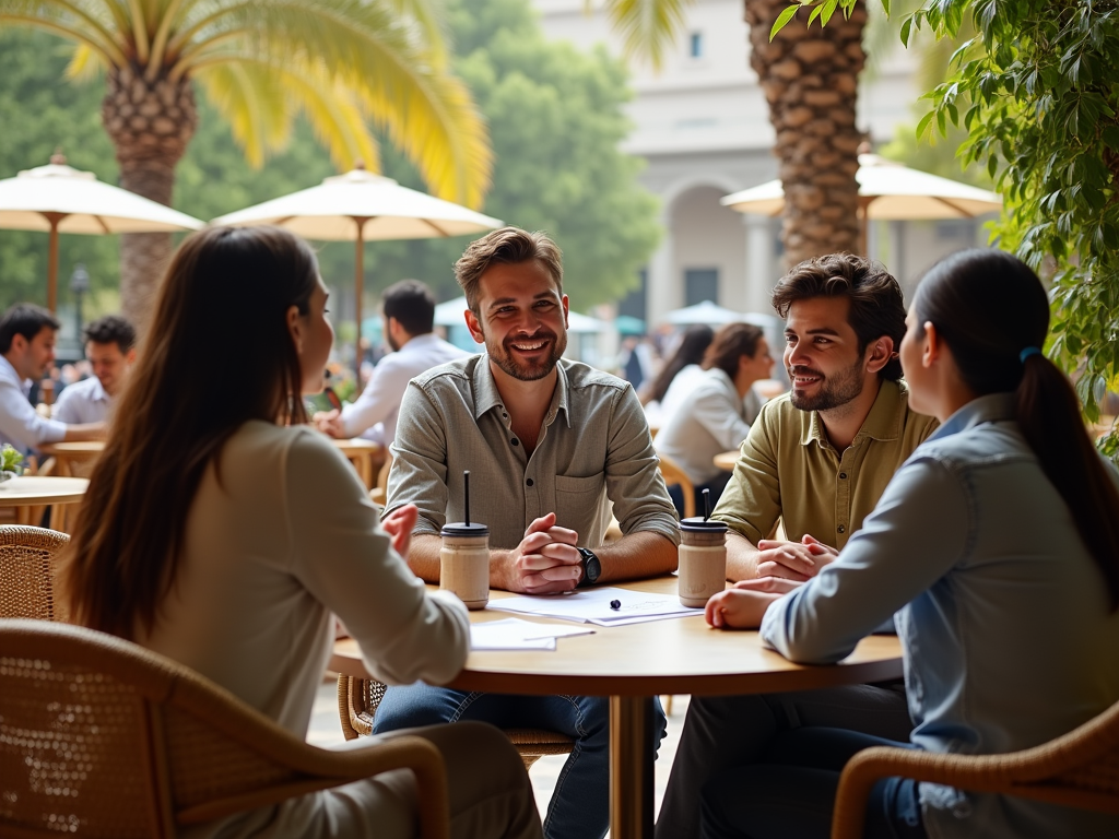 Four young adults enjoying a conversation at an outdoor café surrounded by palm trees.