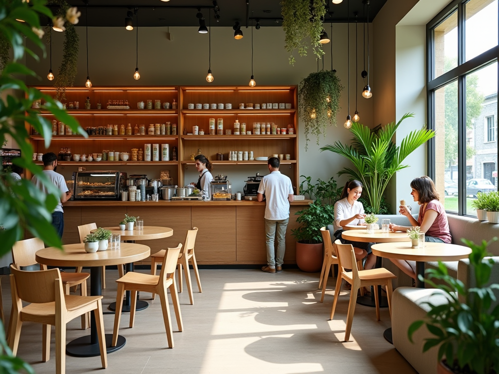 Bright, modern café with customers dining and staff at the counter, surrounded by plants and large windows.