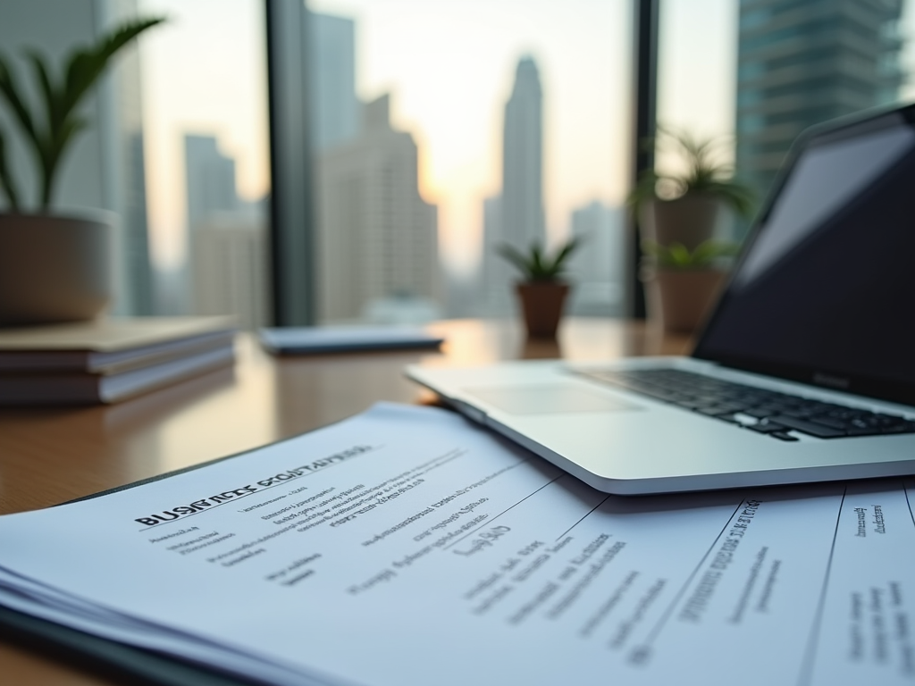 Business documents and a laptop on a desk overlooking a cityscape at sunset.