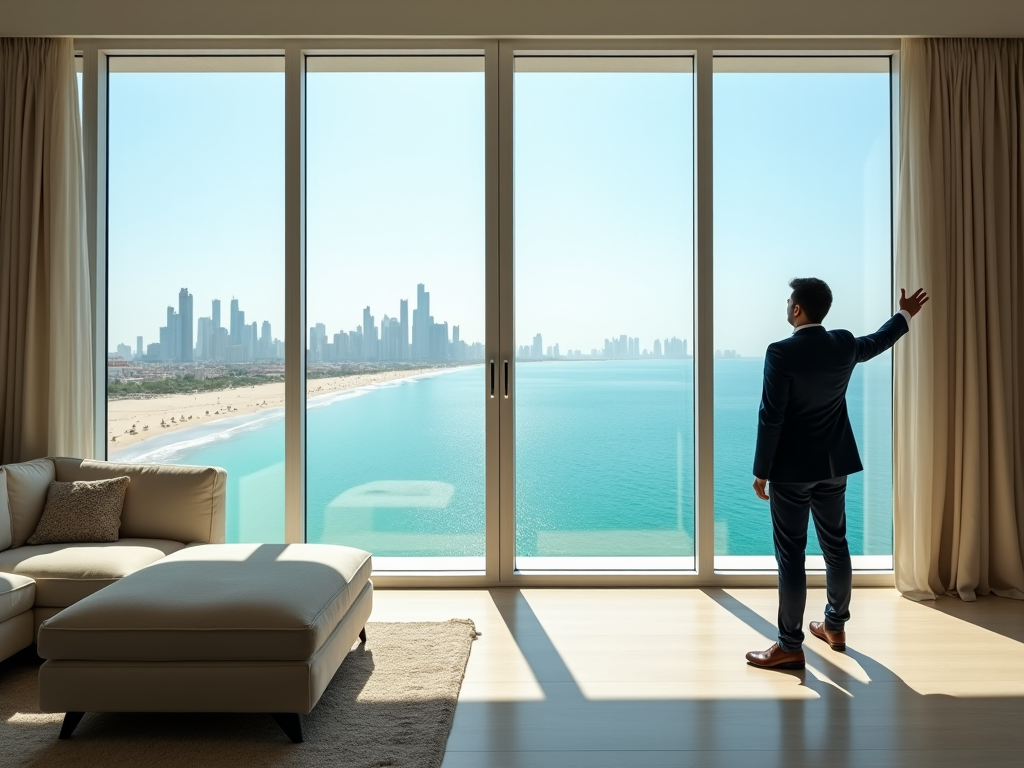 Man in suit looking out of floor-to-ceiling windows at city skyline and ocean.