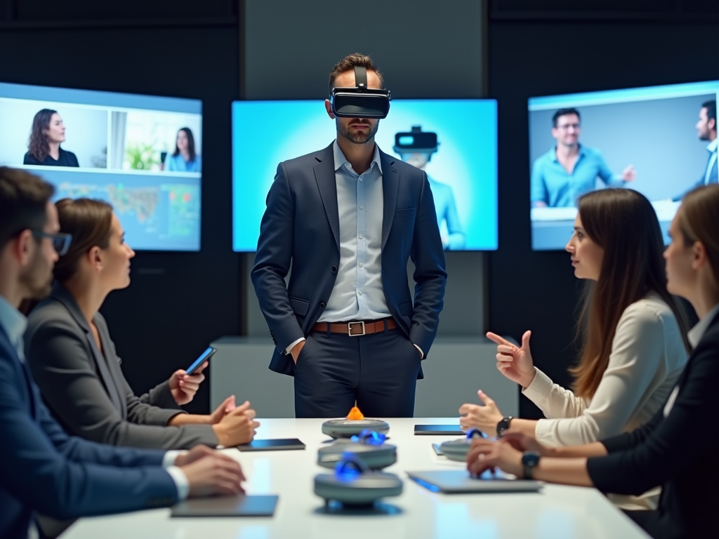 A man in a suit wearing VR headset stands at a table with colleagues engaged in discussion. Screens are in the background.