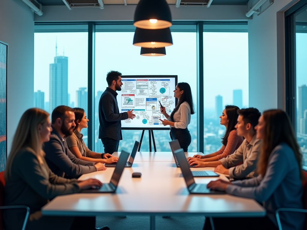 Two professionals presenting to a group in a modern office with a cityscape backdrop.