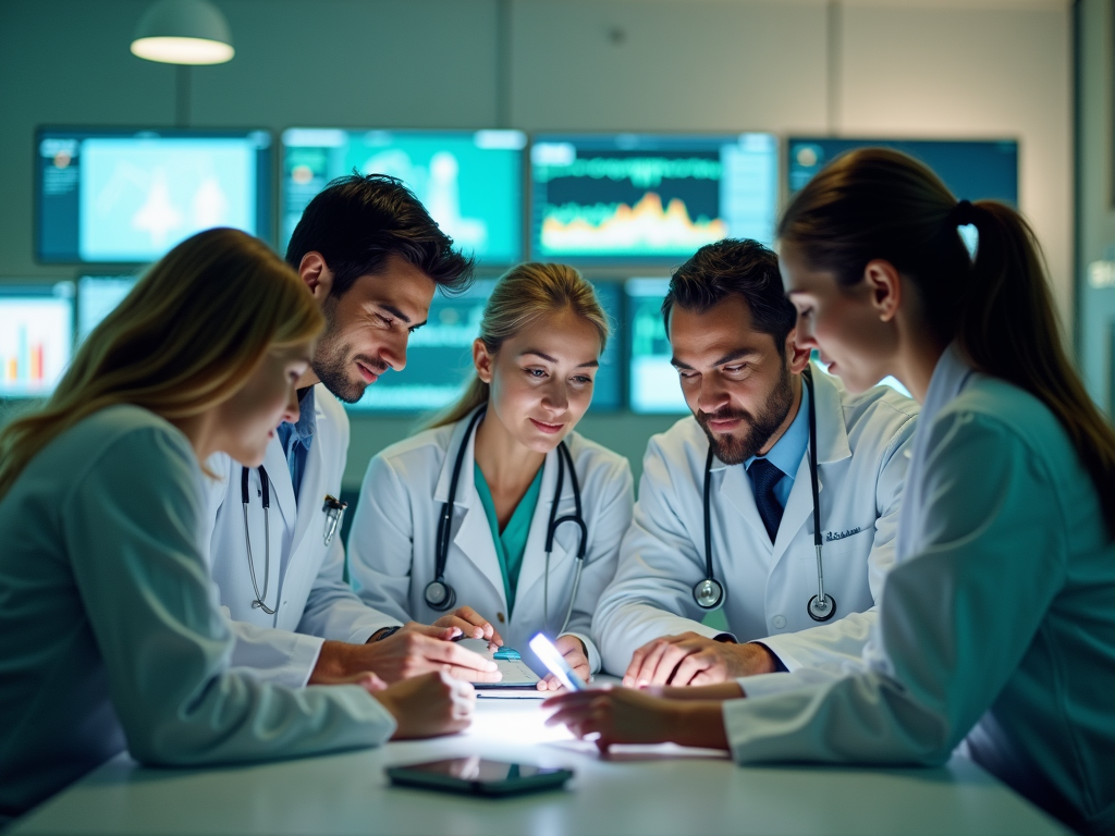 Medical team discussing patient data in a high-tech hospital room at night.