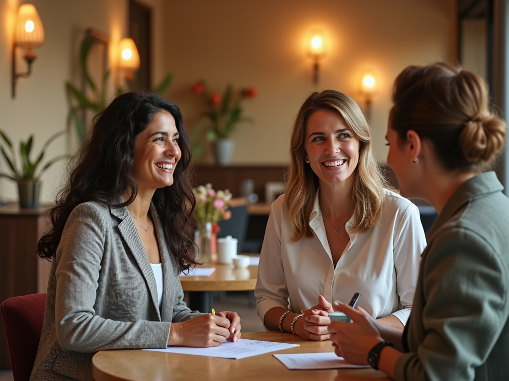 Three women smiling and conversing at a table in a warmly lit cafe.