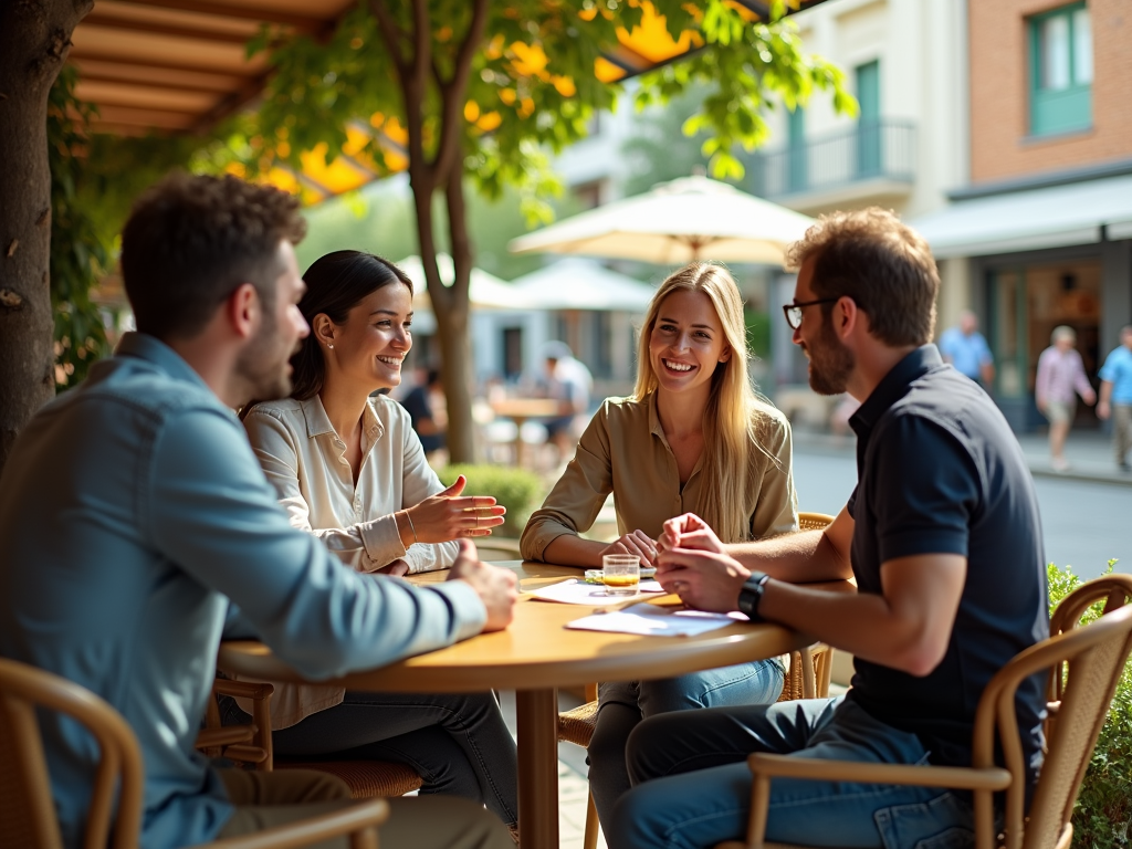 Two men and two women chatting happily at a café table outdoors.