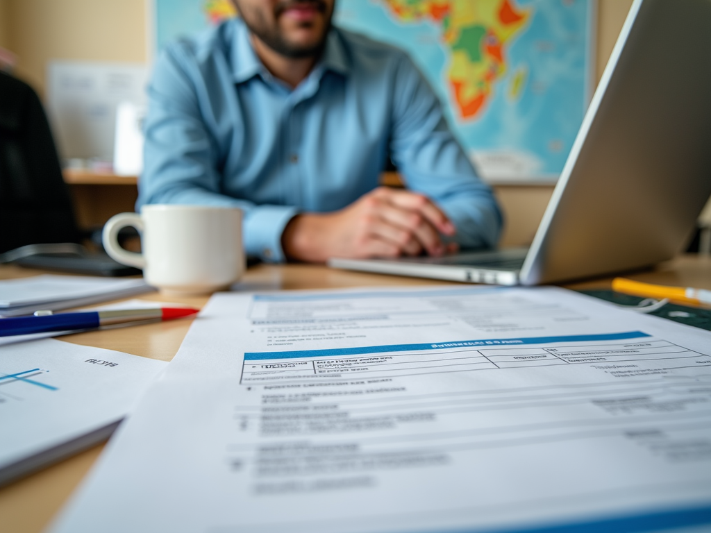 Close-up of documents on a desk with a blurred man and laptop in the background.