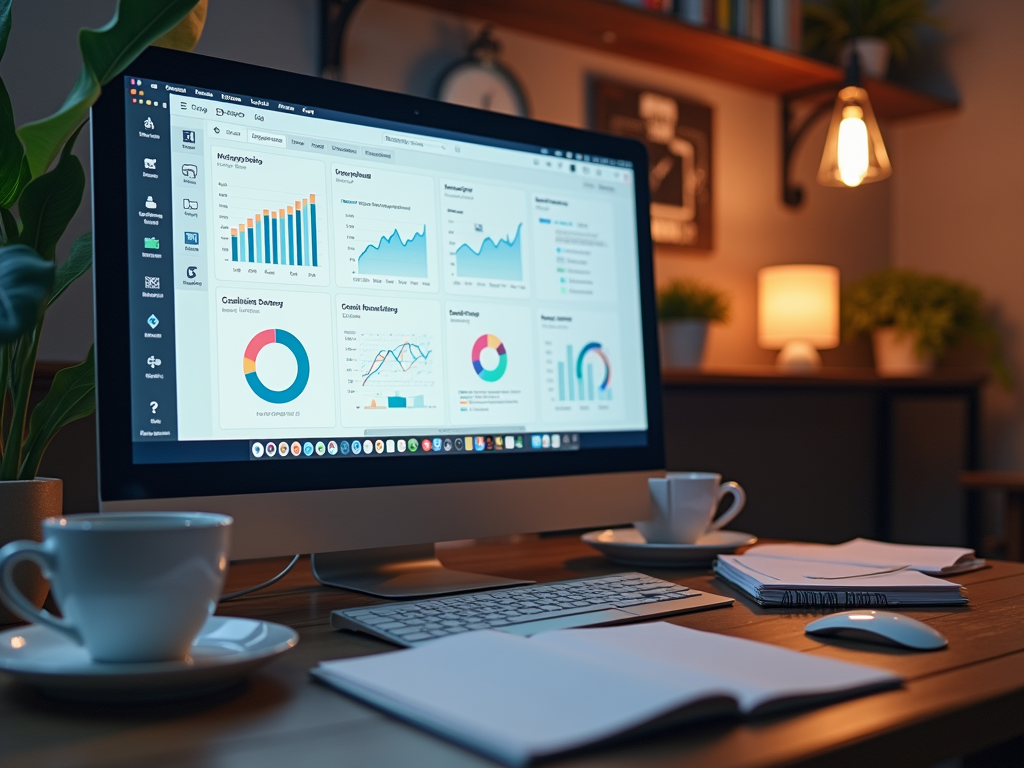 A desktop computer displaying various data visualizations, with coffee cups and notebooks on a wooden table.