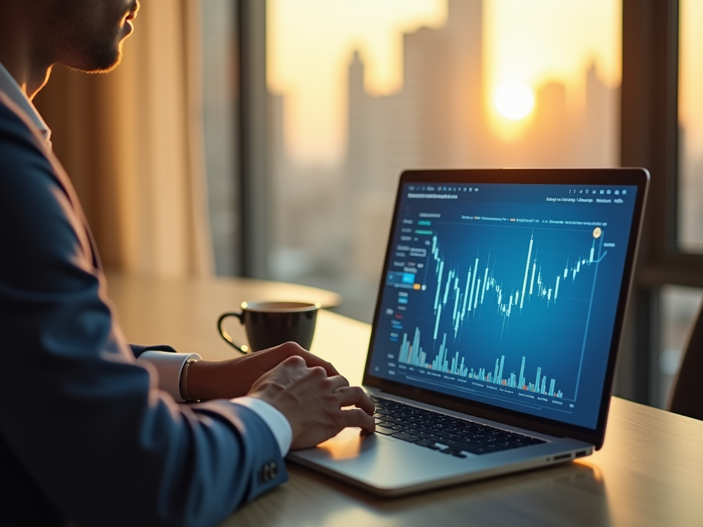 Man analyzing stock market charts on laptop at sunset in office.