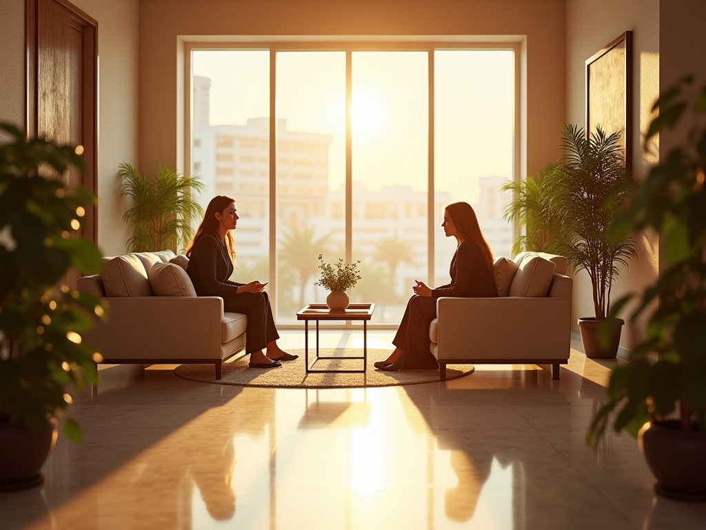 Two women sitting and talking in a sunny room with cityscape view through large windows.