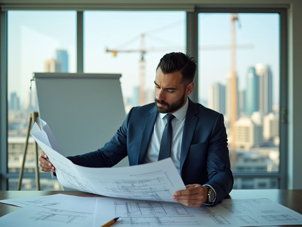 Businessman reviewing blueprints in a high-rise office with a cityscape in background.