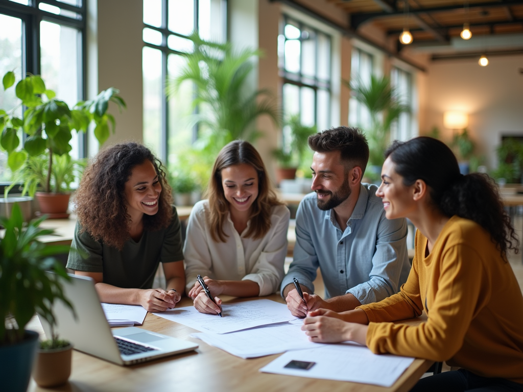 Four coworkers smiling and collaborating around a table in a well-lit, plant-filled office.