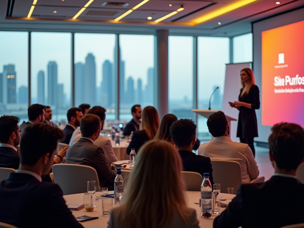 Woman presenting at a business conference with attendees and city skyline backdrop.