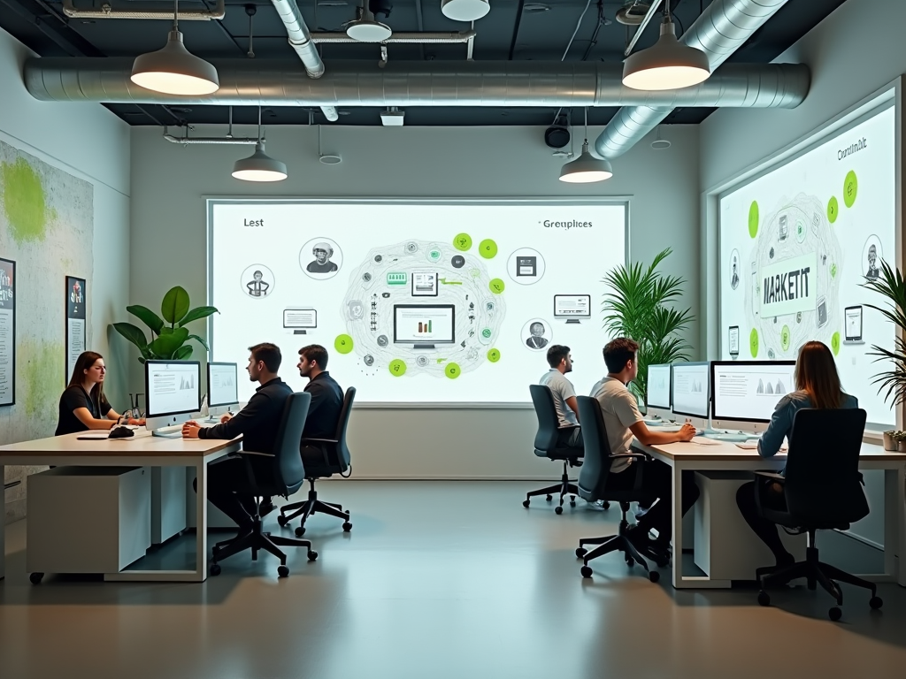 Modern office with employees working at computers and discussing marketing strategies on large screens.