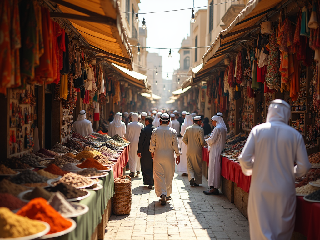 Men in traditional attire walking in a vibrant marketplace with spice and textile stalls.