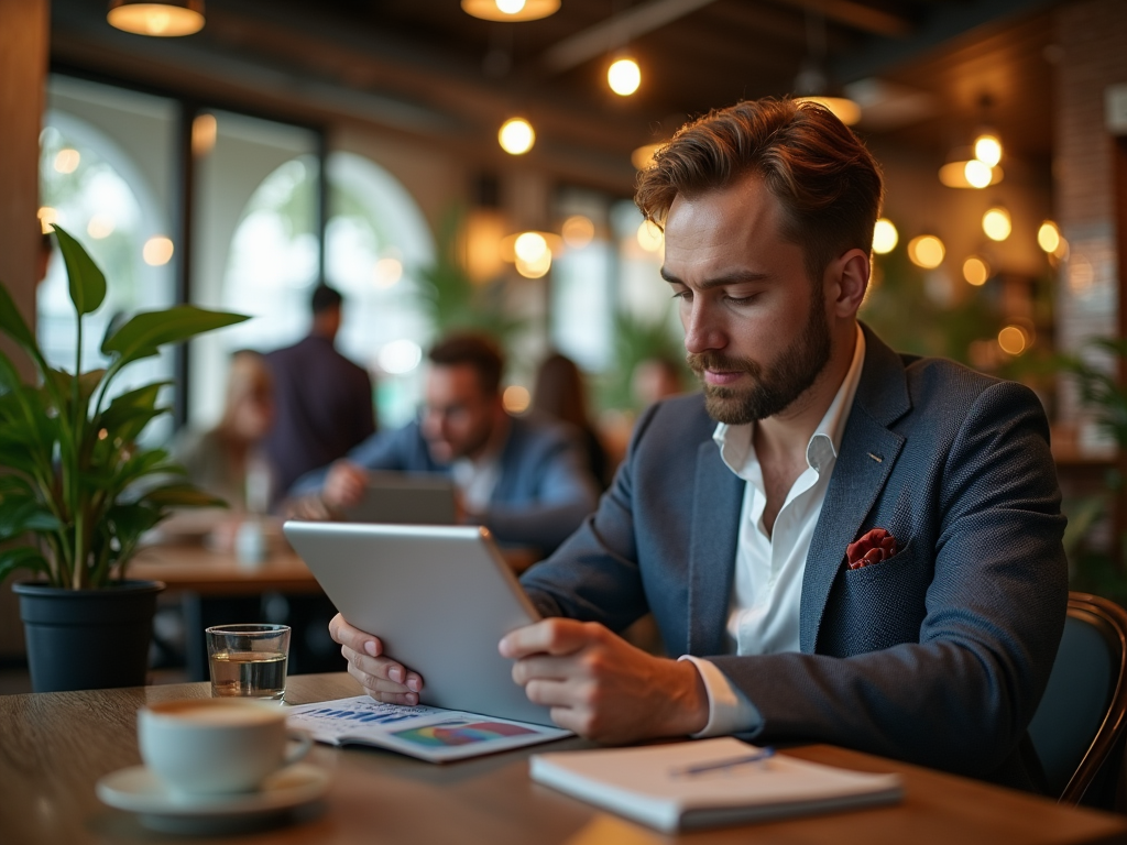 Man in suit using a tablet in a busy cafe, with a coffee cup and documents on the table.