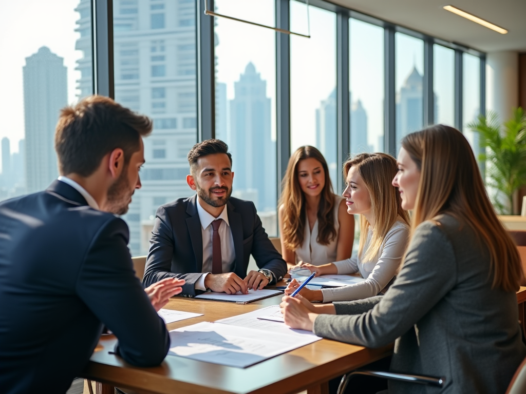 Group of professionals in a meeting with cityscape visible through the glass window behind them.