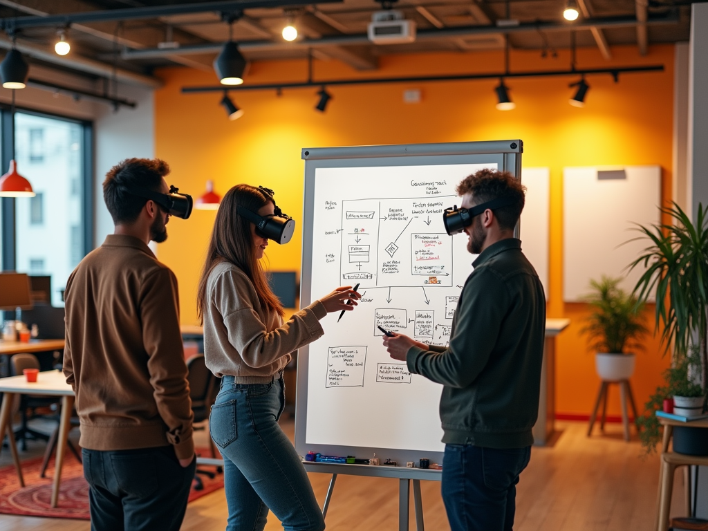 Three people wearing VR headsets are discussing a diagram on a whiteboard in a modern office space.