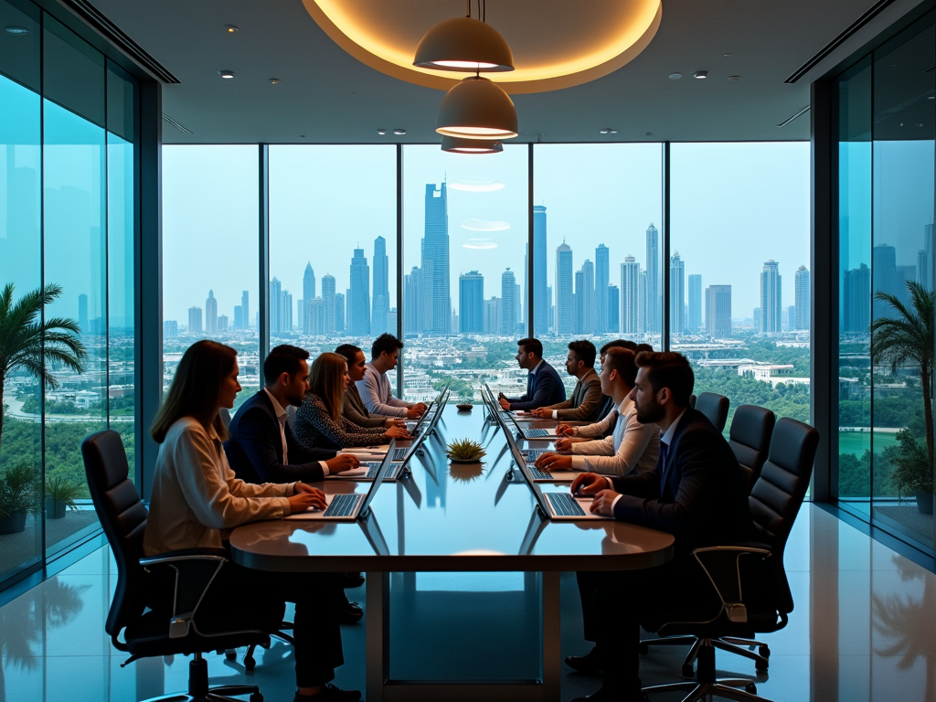 Professionals in a meeting room with a panoramic view of a city skyline.