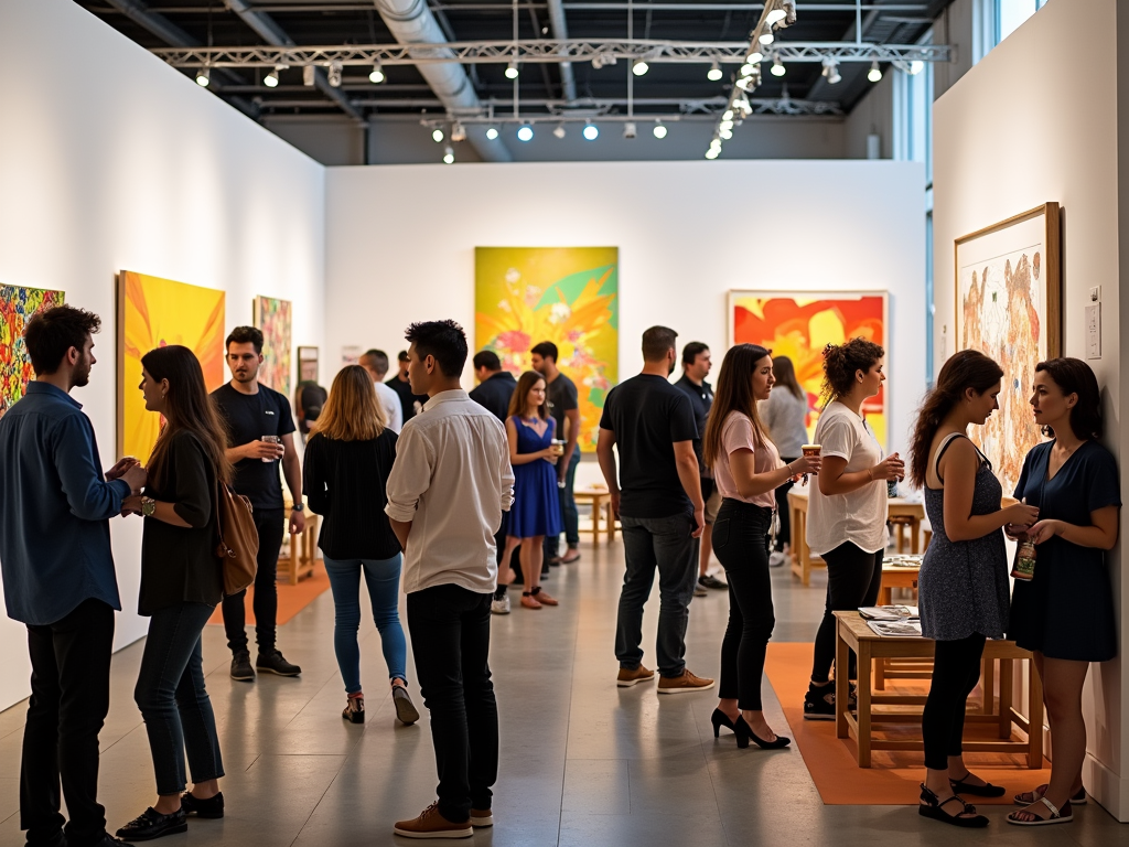 People socialize and admire artwork in a bright gallery filled with colorful paintings and wooden benches.