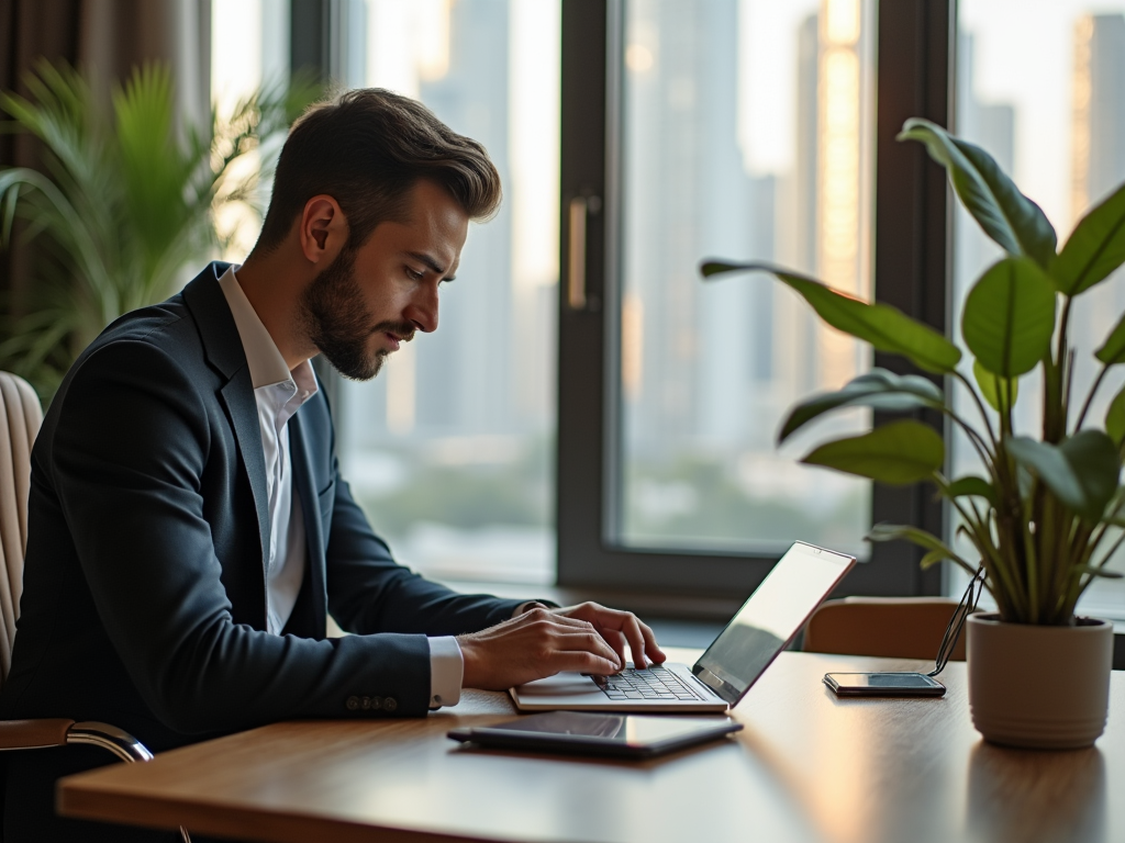 Man in suit working on laptop at desk with cityscape view through window.