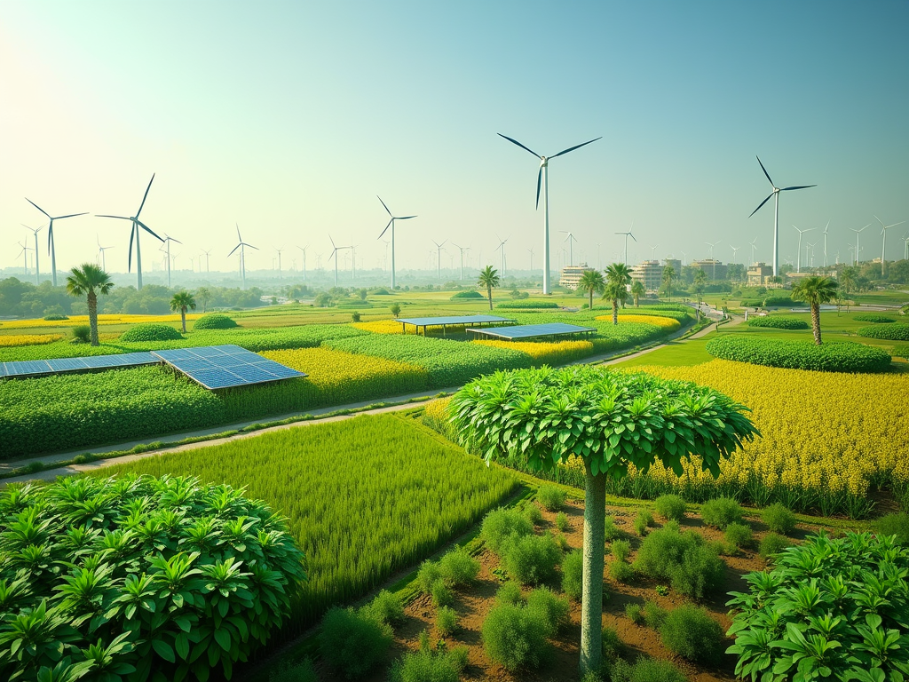 A lush landscape features wind turbines and solar panels among vibrant green and yellow fields under a clear sky.