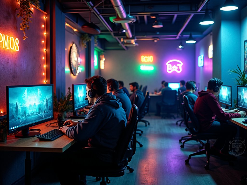 Gamers at computers in a vibrant, neon-lit gaming room, focused on screens displaying a fantasy game.