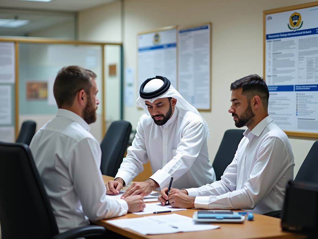 Three men in a business meeting; one in traditional Emirati attire, discussing documents at a table.