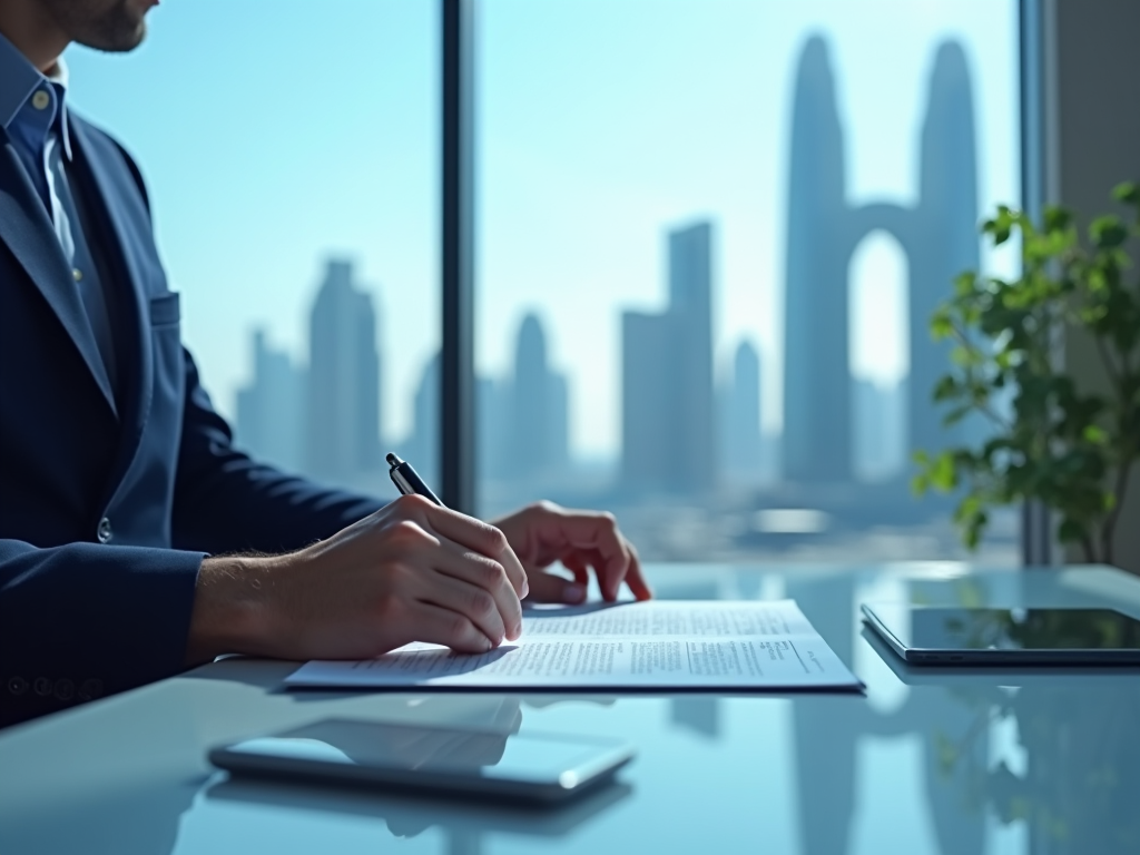 Man in suit signing documents at a desk with city skyline in the background.