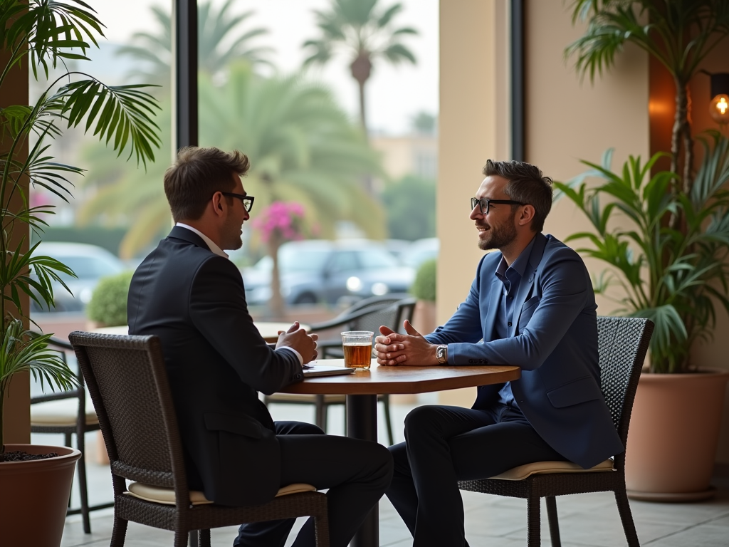 Two business professionals are seated at a table, engaging in conversation with a drink in front of them.